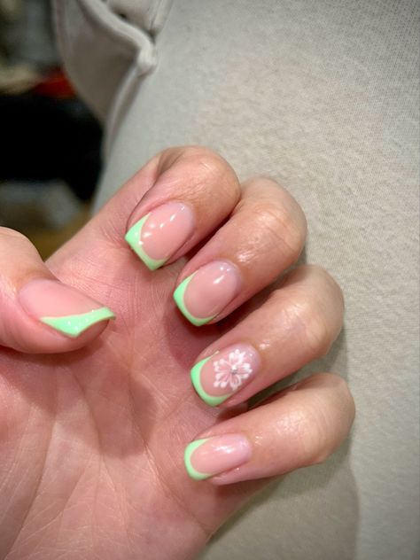 Biab Nails Square French Tip with Green Tips and White Flower French Tip With Green, Biab French Tip, Nails Square French Tip, Square French Tip, Pink French Tips, Biab Nails, Square French, Green Tips, Pink French