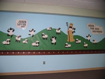 Sheep Classroom Decor, The Lord Is My Shepherd Bulletin Board, Jesus Bulletin Boards, Sunday School Classroom Decor, Jesus The Good Shepherd, Farm Decorations, Chapel Ideas, Christian Bulletin Boards, Sabbath School