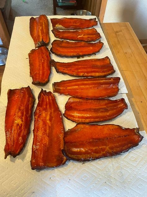 Smoking Fish | Rainbow trout. Simple brine 1 cup salt, 1 cup light brown sugar, 8 cups water | Facebook Smoked Rainbow Trout, Smoked Trout Dip, Fish Entrees, Facebook Recipes, Food Gardening, Smoked Trout, Smoked Fish, Bbq Meat, Smoked Food Recipes