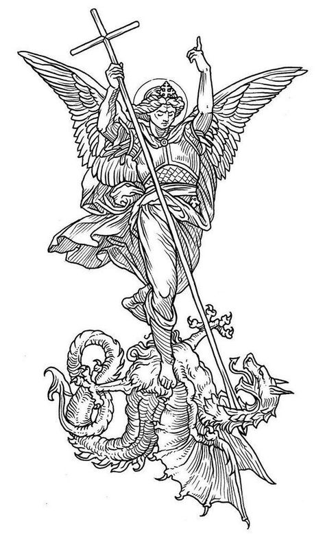 Angels With Swords, Etching Tattoo Sleeve, Medieval Angel, St Michael Tattoo, Catholic Tattoos, Archangel Tattoo, Woodcut Tattoo, Minimalist Tattoo Ideas, Medieval Tattoo