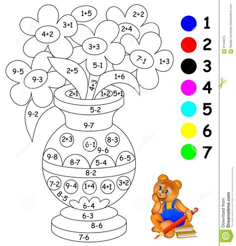 Illustration about Vector image. Scale to any size without loss of resolution. Illustration of mathematical, education, book - 91448213 Fargelegging For Barn, Math Coloring Worksheets, Kindergarten Addition Worksheets, Math Exercises, First Grade Math Worksheets, Preschool Math Worksheets, Math Coloring, Kids Math Worksheets, Educational Activities For Kids