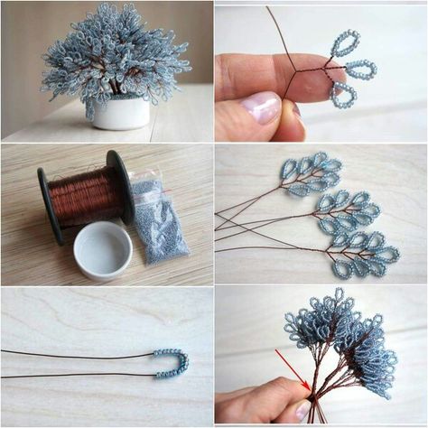 French Beaded Flowers, Wire Tree Sculpture, Bijoux Fil Aluminium, Wire Flowers, Beaded Crafts, Handmade Wire Jewelry, Wire Crafts, Handmade Wire, Diy Hair Accessories