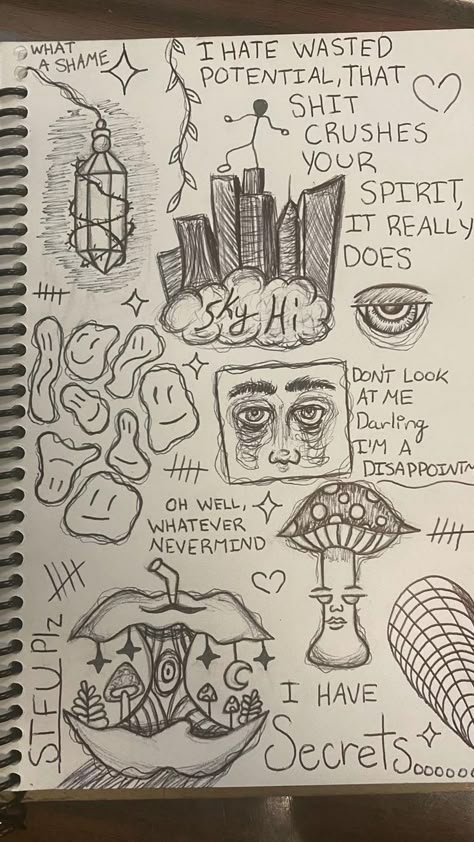 Sketch Page 1 by Dominique Warren | Drawings, Indie drawings, Sketchbook art journal Vent Book, Drawings With Meaning, Sketch Page, Easy Graffiti Drawings, Bulletin Journal, Notebook Drawing, Arte Grunge, Indie Drawings, Doodle Art Journals