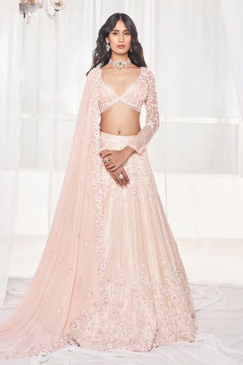 Light Pink Cutdana & Crystal Embroidered Bridal Lehenga Set with Dupatta Organza Cutwork, Golden Bridal Lehenga, Suits For Women Indian, Pink Bridal Lehenga, Editors Note, Lehenga Pattern, Raw Silk Lehenga, Draped Blouse, Pink Lehenga