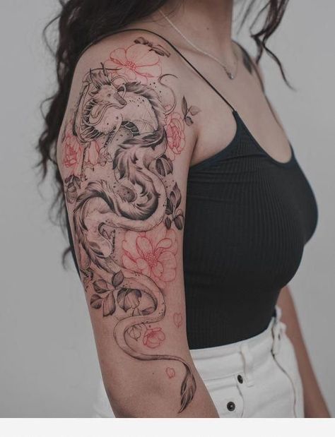 Tatuaje Studio Ghibli, Tattoo Fairy, Dragon Tattoo Arm, Dragons Tattoo, Dragon Sleeve Tattoos, Geometric Tattoo Arm, Dragon Tattoo For Women, Men Tattoos, Asian Tattoos