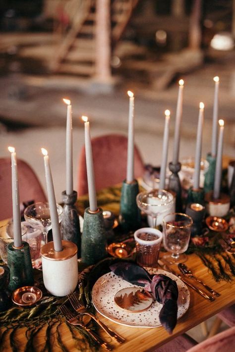 How to Choose Your Wedding Date | Junebug Weddings Taper Candle Wedding, Industrial Wedding Table, Autumn Wedding Table, Halloween Wedding Ideas, Moody Wedding Decor, Boho Tablescape, Unique Wedding Centerpieces, Gold Table Setting, Tall Wedding Centerpieces