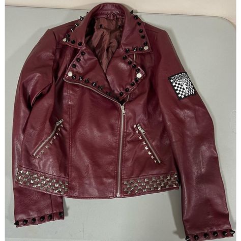 Red Burgundy Maroon ‘The Specials’ Ska Punk Band Patch Spiked Studded Motorcycle Moto Leather Jacket Coat Size L Bust: 18.5 In. - Length: 24 In. - Shoulders: 15.5 In. - Waist: 19 In. - Sleeve Length: 18 In. - Hem: 19.5 In. #Thespecials #Ska #Punk #Leather #Jacket Spiked Leather Jacket, Punk Leather Jacket, Leather Jacket Patches, Moto Leather Jacket, Ska Punk, The Specials, Band Patches, Punk Patches, Angel Outfit