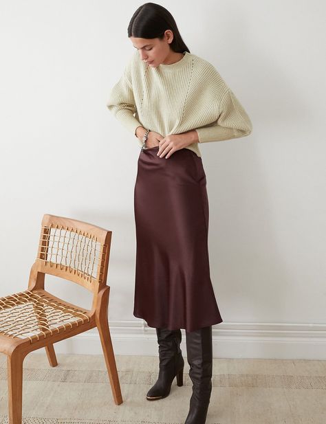 cf1f78fe923afe05f7597da2be7a3da8desc52962263ri Brown Skirt Outfit, Slip Skirt Outfit, Satin Skirt Outfit, Silk Outfit, Skirts With Boots, Brown Satin, Brown Skirts, Brown Silk, Slip Skirt