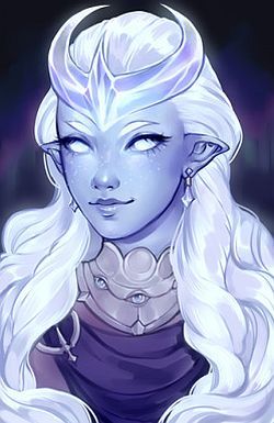 Moonweaver Dnd, Sehanine Dnd, Ice Genasi Female, Pastel Galaxy Hair, Purple Tiefling White Hair, Light Blue Tiefling, Ice Tiefling, Winter Eladrin Female Dnd, White Tiefling Female