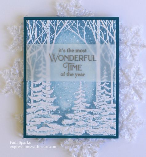 Memory Box Christmas Cards, Winter Woods Stampin Up Cards, Memory Box Cards, Christmas Tree Forest, Christmas Tree Truck, Snow Forest, Homemade Christmas Cards, Box Cards, Snowy Forest