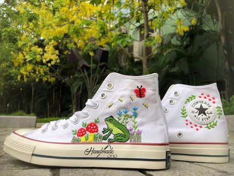 ✅ A MEANING GIFT. When you order our embroidered SHOES, you're buying something extraordinary - whether it's for yourself or your loved ones for Birthdays, Mother's Day, Valentine's Day, Holidays thanksgiving, Christmas, New Year, Lunar New Year. ✅ UNIQUE PRODUCTS. Our products are handmade with natural ingredients; Embroidery SHOES will vary in size, color, and pattern from item to item. They make our works truly unique. ✅ HANDMADE WITH LOVE, CARE & SHARE. We are pleased to present to you exqui Embroidery On Converse, Embroidered Converse High Tops, Embroidery Converse, Embroidery Sneakers, Frog And Mushroom, Mushroom Embroidery, Converse Classic, Embroidered Converse, Custom Chuck Taylors