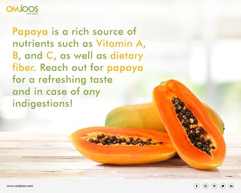 Papaya is a rich source of nutrients such as Vitamin A, B, and C, as well as dietary fiber. Reach out for papaya for a refreshing taste and in case of any indigestions.  #Papaya #PapayaBenefits #BestSummerFruit #SummerFruit #RefreshingFruit #VitaminC #OrganicFood #Nutrients #SeasonalFruit #HealthBenefits #OMJOOS #JustJoos Papaya Nutrition Facts, Herbs Benefits, Papaya Benefits, Herbs Remedies, Avocado Benefits, Vegetable Benefits, Fruit Benefits, Food Poster Design, Fruit In Season