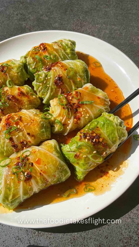 Vegan Cabbage Rolls, Vegan Cabbage, Cabbage Rolls Recipe, Ramen Noodle Recipes, Cabbage Recipe, Tofu Dishes, Chili Garlic Sauce, Cabbage Rolls, Vegan Kitchen