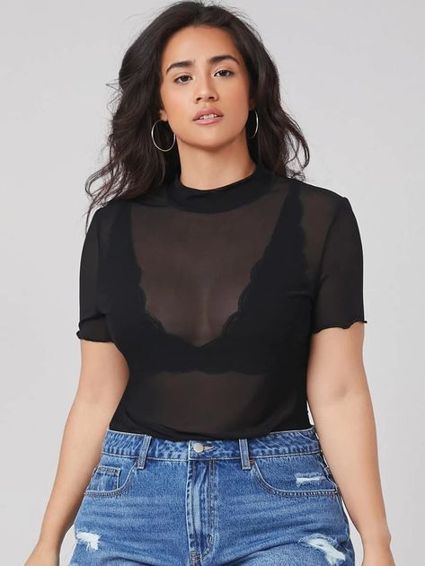 Plus Mock-Neck Lettuce Trim Mesh Top Without Bra | SHEIN Tops Transparentes, Top Transparente, Haut Transparent, Without Bra, Mesh Tops, Sheer Shorts, Shein Style, Sheer Top, Bra Women