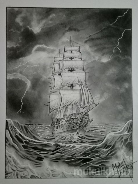 Ocean Sketch Pencil, Sea Sketch Ocean, Ocean Pencil Drawing, Drawing Waves, Pirate Ship Drawing, Sketch Realistic, Ship Sketch, Lights Painting, Ocean Drawing