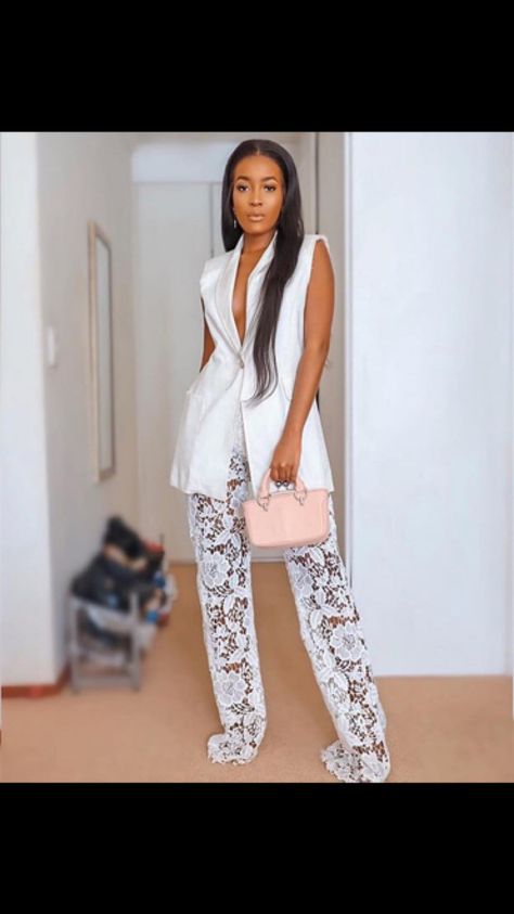 Net Trouser Design, Lace Pants Outfit, English Wears, White Lace Pants, Dope Fashion Outfits, Office Wears, Chic Fits, Classy Short Dresses, Classy Gowns