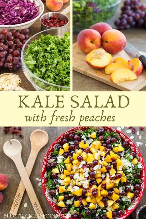 Fruity kale salad with peaches, grapes and almonds. With vegan balsamico dressing. A fresh and flavourful salad to enjoy in the summer. Salad With Peaches, How To Make Kale, Massaged Kale Salad, Great Salad Recipes, Unique Salad, Massaged Kale, Vegan Dressing, Yummy Salads, Food Salad