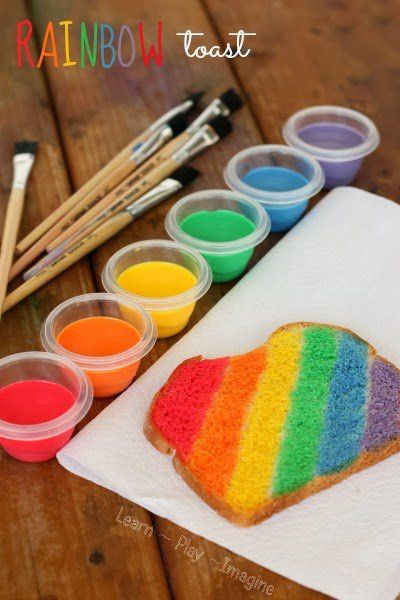 Rainbow toast is made with sweetened cond. milk and food coloring Milk Paint Recipes, Rainbow Toast, Preschool Cooking, Today Is Monday, Pizza Sandwich, Preschool At Home, Food Crafts, Rainbow Cake, Kids Snacks