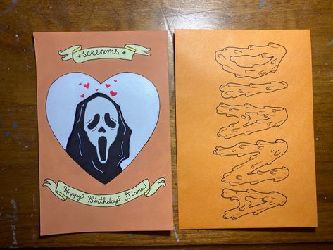 Scream Gifts Ideas, Spooky Birthday Cards, Diy Birthday Cards For Mom, Halloween Card Ideas, Diy Halloween Gifts, Spooky Basket, Spooky Birthday, Dating Anniversary Gifts, Birthday October