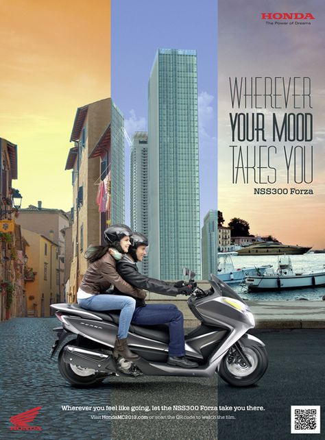 Honda NSS300 press ad.  This target audience love options. They love to go where they want, when they want. The NSS300 is the scooter that gives them the freedom to do just that. To go where their mood takes them. Vehicle Creative Ads, Bike Ads, Car Ads Creative Advertising, Bike Creative Ads, Scooter Ads Creative, Electric Bike Creative Ads, Motorcycle Ads Creative Advertising, Scooter Poster Design, Electric Scooty Creative Ads