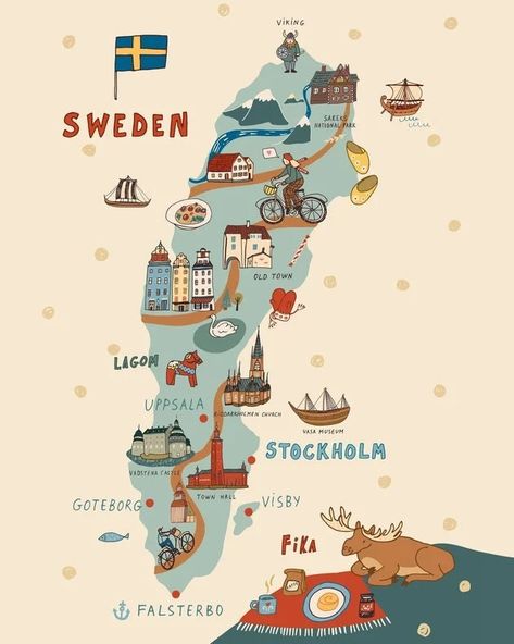 Sweden Travel, Travel Illustration, Illustrated Map, Stockholm Sweden, Travel Maps, Travel List, City Maps, Map Design, Vintage Travel Posters