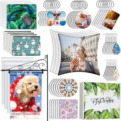 This set has more complete hot selling sublimation blanks you need for creating sublimation crafts, including 4 x Pillow Cover, 4 x Mouse Pad, 4 x Makeup Bag, 4 x Garden Flag, 12 x Coaster, 36 x Keychain w/ 36pcs accessories, 16 x Earring w/ 16pcs hook. Sublimation Blanks Products, Sublimation Crafts, Diy Sublimation, White Cushion Covers, Bag Keychain, Art & Craft Kit, Sublimation Blanks, Creative Hobbies, Sewing Stores