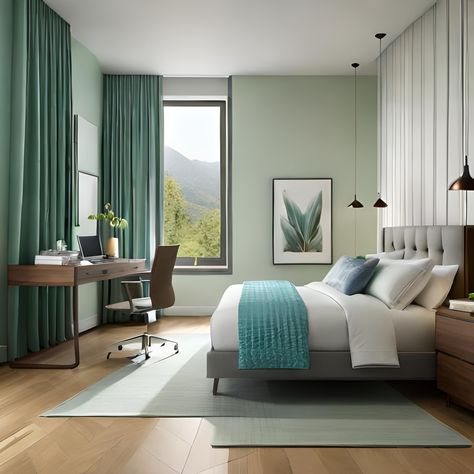 Lightgreencolorscheme Bedroom Curtains Color Schemes, Bedroom With Dark Green Curtains, Cyan Bedroom Ideas, Light Green Room Decor, Light Green Room Ideas Bedroom, Bedroom Curtain Ideas Color Schemes, Light Green Bedroom Ideas, Dark Green Curtains, Light Green Rooms