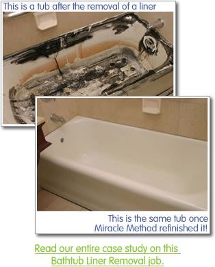 MIRACLEMETHOD.COM TUB REFINISHING The cost to have Miracle Method refinish your bathtub to like new look and feel ranges from $475 to $600 depending on the location and condition. The cost to refinish both the tub and the tile surround ranges from $800 to $1200. Refinishing is often 30% to 50% cheaper than bathtub liners! Bathroom Tub Remodel, Tub Refinishing, Bathtub Liners, Reglaze Bathtub, Bathtub Repair, Tile Refinishing, Old Bathtub, Tub Remodel, Refinish Bathtub