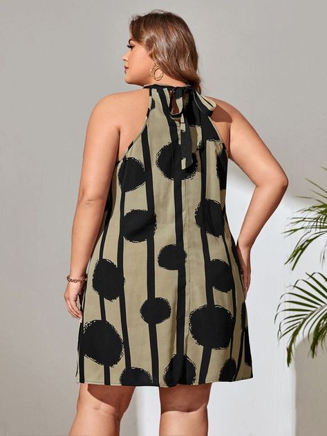 Plus Striped Print Halter Neck Tie Back Tunic Dress | SHEIN USA Tie Backs, Tie Back, Dress P, Halter Neck, Tunic Dress, Plus Size Dresses, Neck Tie, Plus Size, Free Shipping