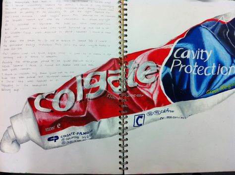 Toothpaste Toothpaste Art, Gcse Art Sketchbook Objects, Mundane Art, Toothpaste Drawing, Sketchbook Layout, Art Alevel, A Level Art Sketchbook, Observational Drawing, Gcse Art Sketchbook