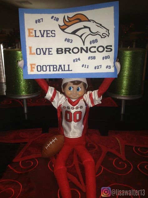 Elf on the Shelf ideas. GAME DAY!!! Found out that Jingle loves the Broncos too..... Go Broncos!!!Dec 8, 2013 #elf #elfontheshelf #elfontheshelfideas #jingle #denverbroncos #football #gameday #walterboys Wlf On The Shelf, Lucky The Leprechaun, Elf Ideas Easy, Elf Games, Awesome Elf On The Shelf Ideas, Go Broncos, Elf Props, Xmas Elf, Elf Fun