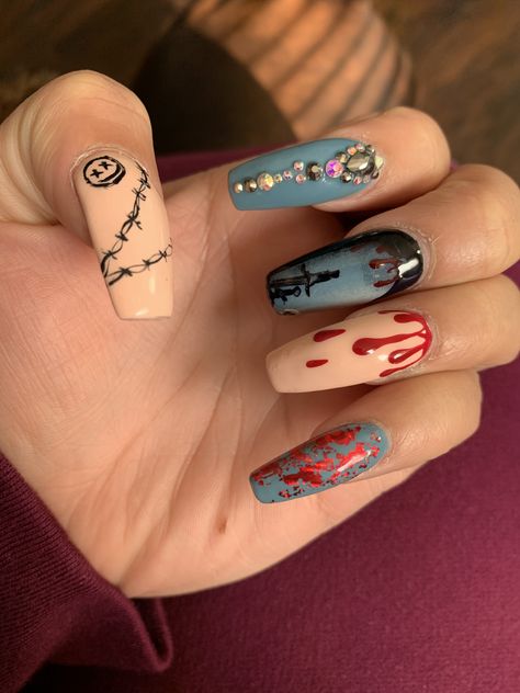 Post Malone Inspired Nails, Post Malone Nails Design, Post Malone Nails Ideas, Post Malone Nails, Long Black Nails, Nails Edgy, Dark Nail Polish, Different Nail Shapes, Edgy Nails