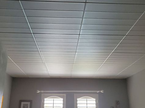 Lay In Ceiling Tiles, Cover Drop Ceiling Tiles With Fabric, Ceiling Tile Art School, Ceiling Tile Design School, Fasade Ceiling Tiles, Styrofoam Ceiling, Styrofoam Ceiling Tiles, Vintage Laundry Room, Decorative Ceiling Tile