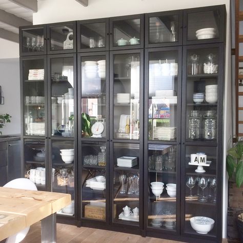 This huge black cabinet stores all my daily use kitchenware. Can you believe this is the Billy bookcase from Ikea? Vitrine Ikea, Cabinet Styling, Billy Ikea, Billy Regal, Billy Bookcase Hack, Ikea Inspiration, Ikea Billy Bookcase Hack, Ikea Bookcase, Bookcase With Glass Doors