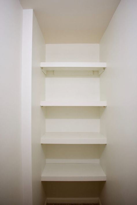 Closet Renovation Diy, Wednesday Day Of The Week, Diy Linen Closet, Diy Closet Shelving, Wooden Closet Shelves, Linen Closet Shelves, Linen Closet Makeover, Basement Closet, Diy Closet Storage