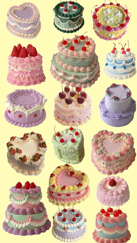 A current trend going around that i absolutely love #cake #cakes #sweet #sugar #frosting #50s #60s #vintage #retro #pastel #yellow #blue #green #pink #red #birthday #cherry #strawberry #strawberryshortcake 50s Cake, Shortcake Cake, Cherry Strawberry, Retro Pastel, Red Birthday, Sugar Frosting, Cute Baking, Cherry Cake, Baking Business