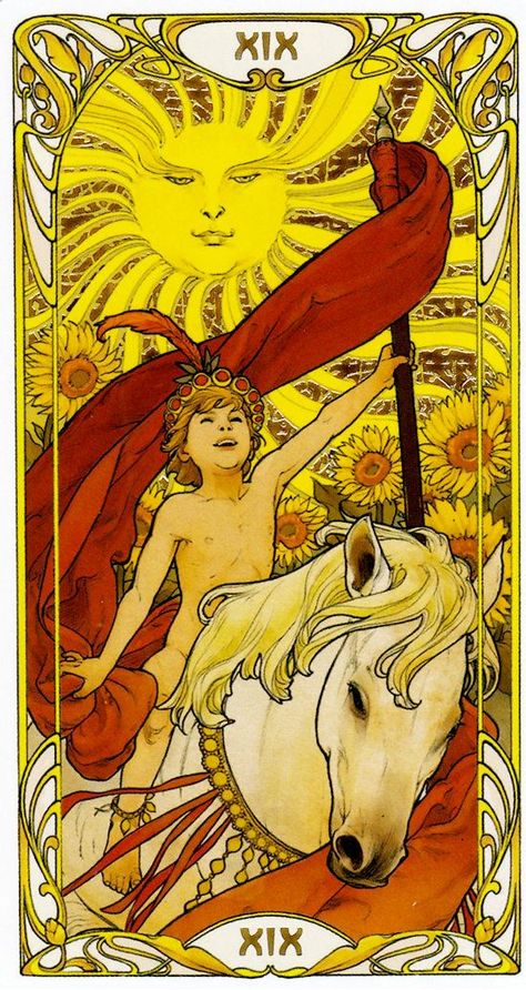 - Card from Golden Art Nouveau Tarot Art Nouveau Tarot, All Tarot Cards, The Sun Tarot Card, The Sun Tarot, Golden Art, Gold Foil Cards, Online Tarot, Tarot Cards Art, Rider Waite