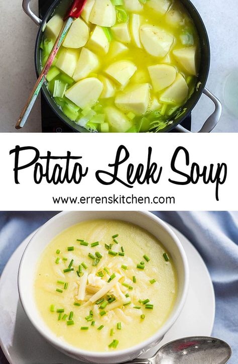 This is the best bowl of comfort food you’ll want through this winter, This creamy yet healthy homemade quick and easy recipe will be loved by the whole family, with a sprinkle of cheese, Have as a starter, lunch or dinner, you’ll be eating this all year round! #ErrensKitchen #foodrecipesmeals #souprecipeseasy Creamy Potato Leek Soup, Soup Potato, Potato Leek, Potato Leek Soup, Leek Soup, Creamy Potato, Easy Soup Recipes, Easy Soups, Healthy Soup