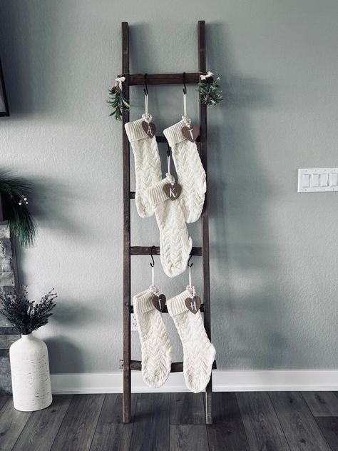 Hanging Stockings On Ladder, Stockings Hung On Ladder, Blanket Ladder Decor Christmas, Indoor Ladder Christmas Decor, Blanket Ladder Stocking Holder Diy, Ladder For Stockings, Christmas Ladder Shelf, Blanket Ladder Stocking Holder, Stockings On Blanket Ladder