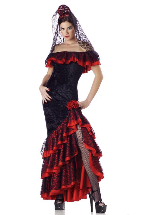 Deluxe Senorita Spanish Dancer Costume - Match this sassy Spanish lady dancer up with Zorro for a cute couples costume, Tango with a tuxedo or bring some fun to your Cinco de Mayo party. This sassy Salsa Dancer is sure to brig the heat to the dance floor this Halloween.  This Spanish Dancer costume is a stretchy panne gown with layered red satin and black lace ruffles. #costume #calgary #yyc #flamenco #spanish #dancer Spanish Dancer Costume, Spanish Costume, Flamenco Costume, Flamenco Dancer, Dancer Costume, Flamenco Dress, Flamenco Dancers, Halloween Fancy Dress, Large Dress