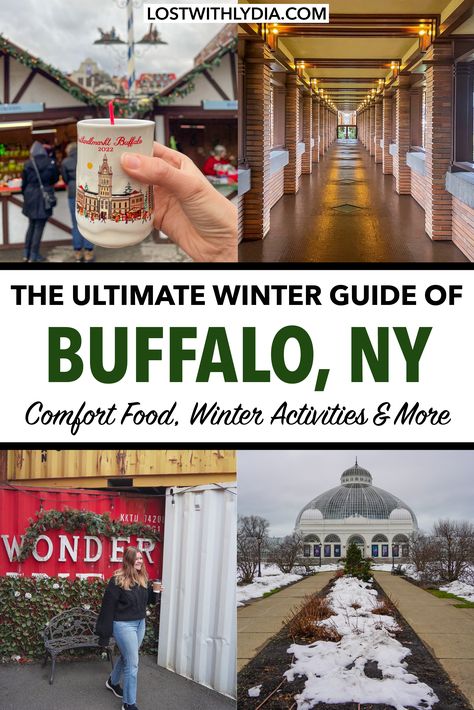 Learn the best things to do in Buffalo, New York in the winter! Visit Lost with Lydia for a detailed guide on the best activities in Buffalo, the best restaurants in Buffalo and more. From comfort food to a guide to Niagara Falls, planning a winter trip to Buffalo has never been easier. Use this as inspiration for an epic Buffalo, New York vacation. Winter Fun Activities, New York In The Winter, Niagara Falls Winter, New York Day Trip, New York In December, York Things To Do, Visiting Niagara Falls, Winter In New York, Niagara Falls New York