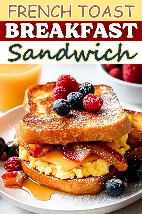 This French toast breakfast sandwich is a dreamy combination of cinnamon-kissed French toast, fluffy scrambled eggs, crispy bacon, and melty cheddar cheese. French Toast Egg Sandwich, French Toast Sandwich Breakfast, Gourmet Toast, French Toast Sandwich, Egg Sandwich Breakfast, Fluffy Scrambled Eggs, Christmas Breakfast Recipe, Croissant Breakfast, French Toast Breakfast