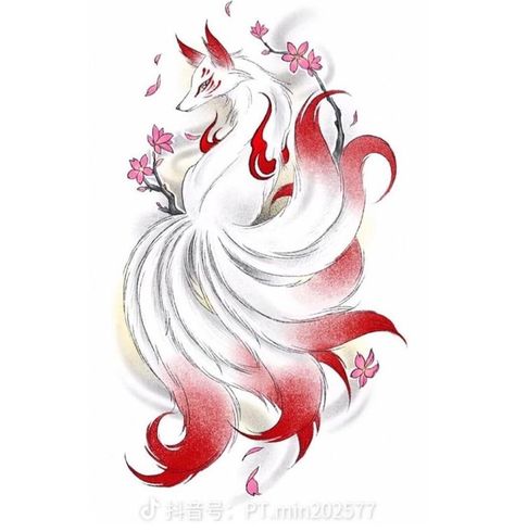 Norse Fox Tattoo, Spirit Fox Tattoo, Traditional Kitsune Tattoo, Ninetail Fox Tattoo, 9 Tailed Fox Drawing, Ninetales Tattoo, Nine Tailed Fox Drawing, 9 Tail Fox Tattoo, Gumiho Tattoo