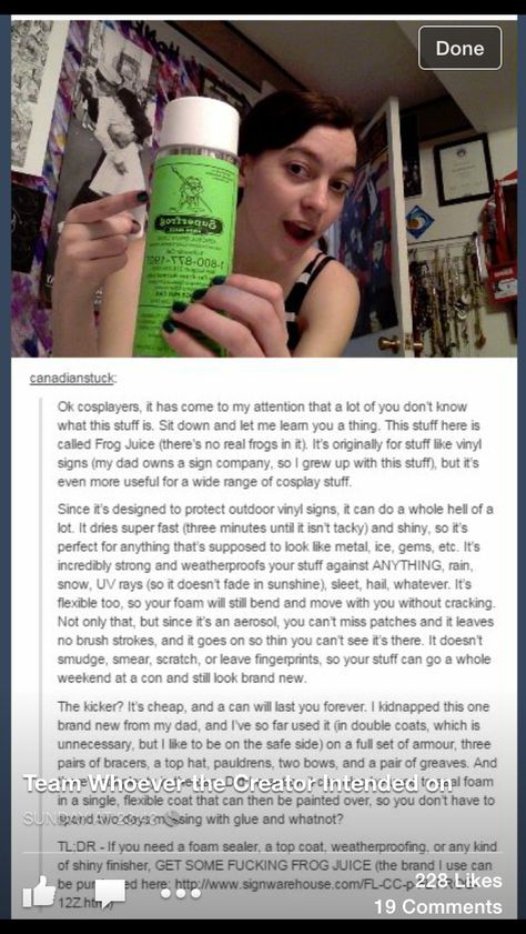 Frog juice Diy Cosplay Scythe, First Cosplay Ideas, Cosplay Tips For Beginners, Cosplaying Tips, Moxxi Cosplay, Cosplay Hacks, Foam Cosplay, Protection Spray, Hallowen Ideas