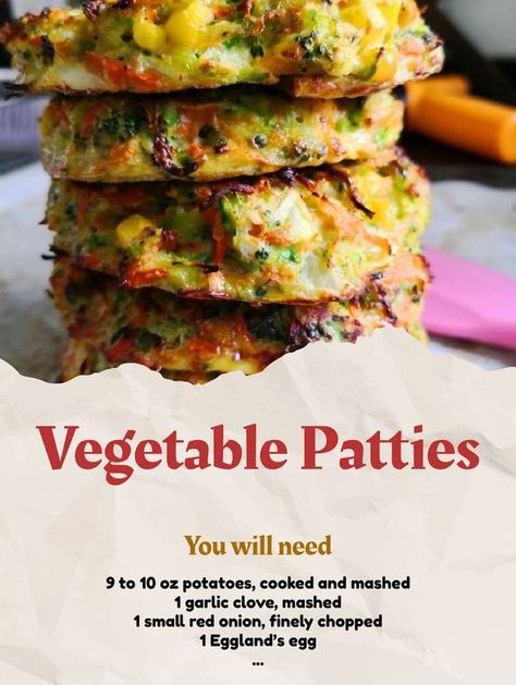 Flavors of Recipes | Here's the recipe for Vegetable Patties: | Facebook Vegetable Patties, Vegetarian Patty, Veggie Patties, Easy Veggie, Garlic Clove, Red Onion, Vegetable Recipes, The Recipe, Garlic