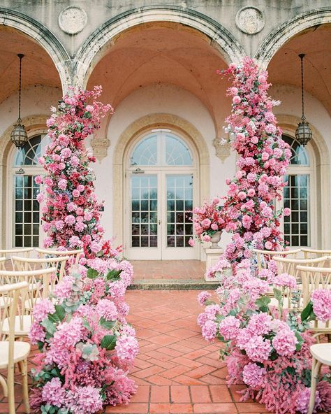 Maxine Owens (@maxowensdesign) • Instagram photos and videos Pink Wedding Ceremony Flowers, Ceiling Decorations Wedding, Romantic Wedding Ceremony Decor, Altar Flowers Wedding, Hanging Wedding Decorations, Diy Wedding Arch, Pink Hydrangeas, Pink Wedding Decorations, Wedding Ceremony Decor