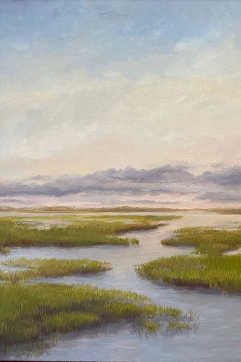 Painting called High tide on the marsh - a marsh scene in late afternoon low light. Greens, blues, and subtle violet colors. Oil Color Painting Nature, Coastal Acrylic Paintings, Low Country Aesthetic, Low Country Art, Oil Painting Beach, Costal Landscapes, Low Country Paintings, Marsh Painting, Kitchen Painting Art