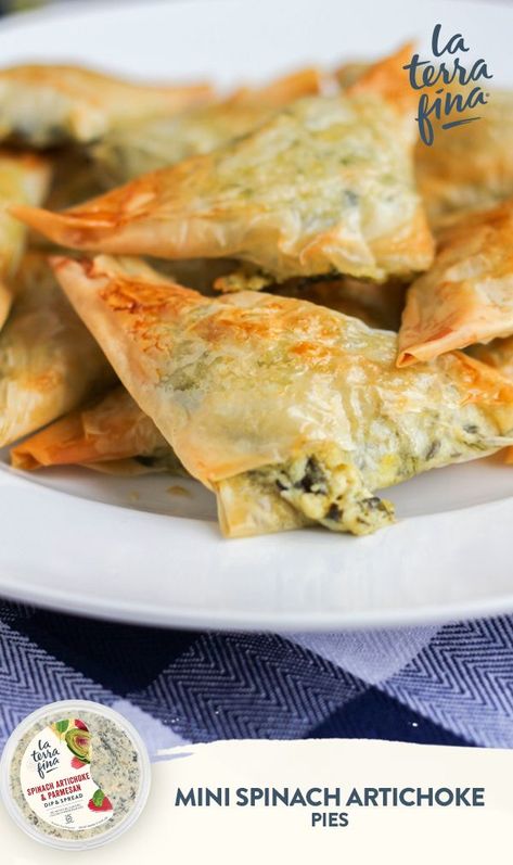 Artichoke Pie Recipe, Tailgating Snacks, Artichoke Parmesan Dip, Mini Empanadas, Parmesan Dip, Phyllo Dough Recipes, Tailgating Ideas, Grandma's Recipes, Delicious Appetizers