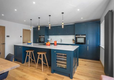 Haywards Heath, Mid Sussex | The Brighton Kitchen Company Hague Blue Kitchen, Contemporary Shaker Kitchen, Blue Shaker Kitchen, Inframe Kitchen, Bathroom Vanity Decor, Hague Blue, Kitchen Rugs Washable, Oak Stool, Decorating Bathroom