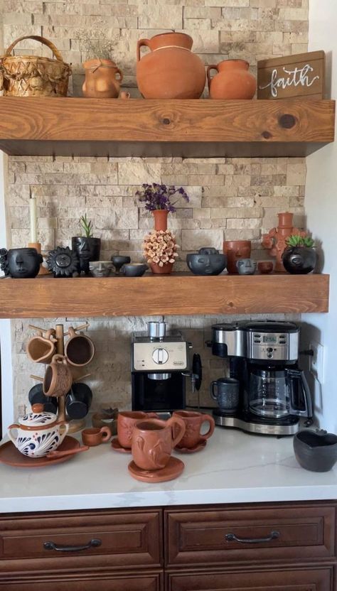 Spanish DIY/Thrift Decor Revival, Hacienda, & Mediterranean | Our coffee bar with my favorite mugs  and pottery from Mexico and Guatemala 🫶🏼 | Facebook Thrift Decor, Spanish Coffee, Coffee Bar, Guatemala, My Favorite, Bar, Coffee